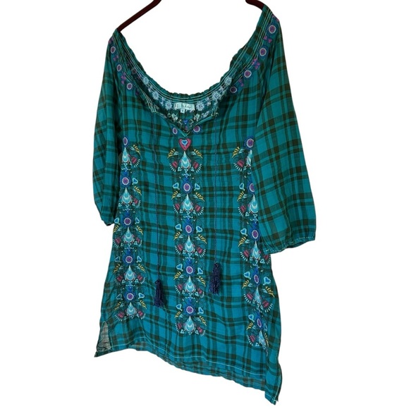 Johnny Was 3J Workshop Small Teal Plaid Embroidered Tunic Top Boho Hippie - Picture 2 of 11